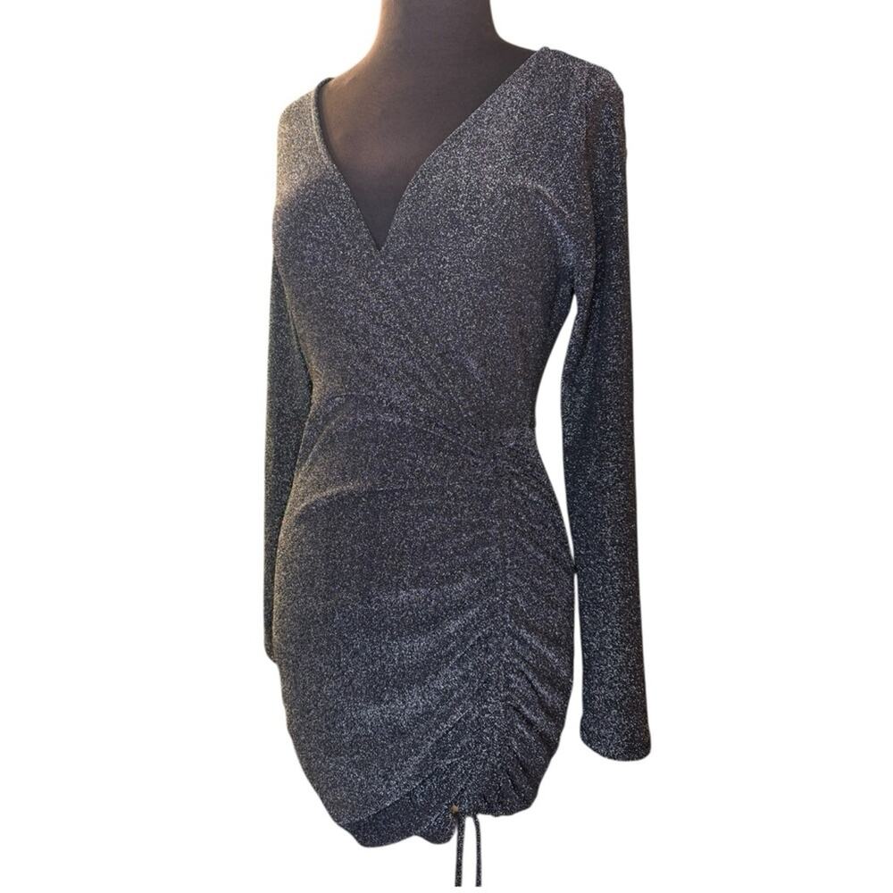Y2K Black Silver Sparkle Ruched Mini Dress L Stretch Glam Party Whimsigoth Edgy